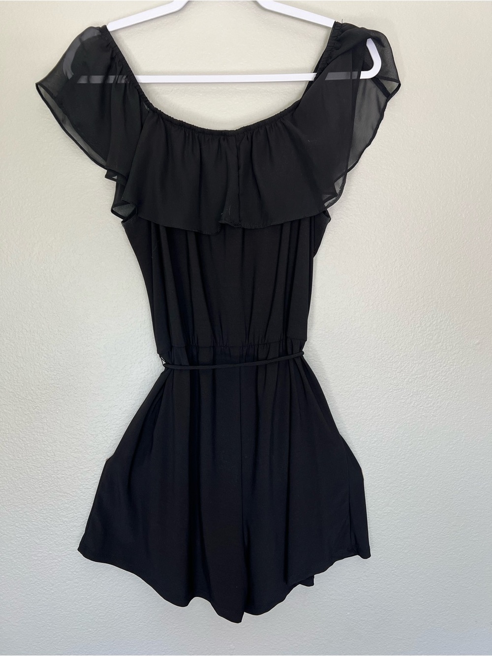 Wrapper Black Off-Shoulder Ruffle Romper - Picture 6 of 6